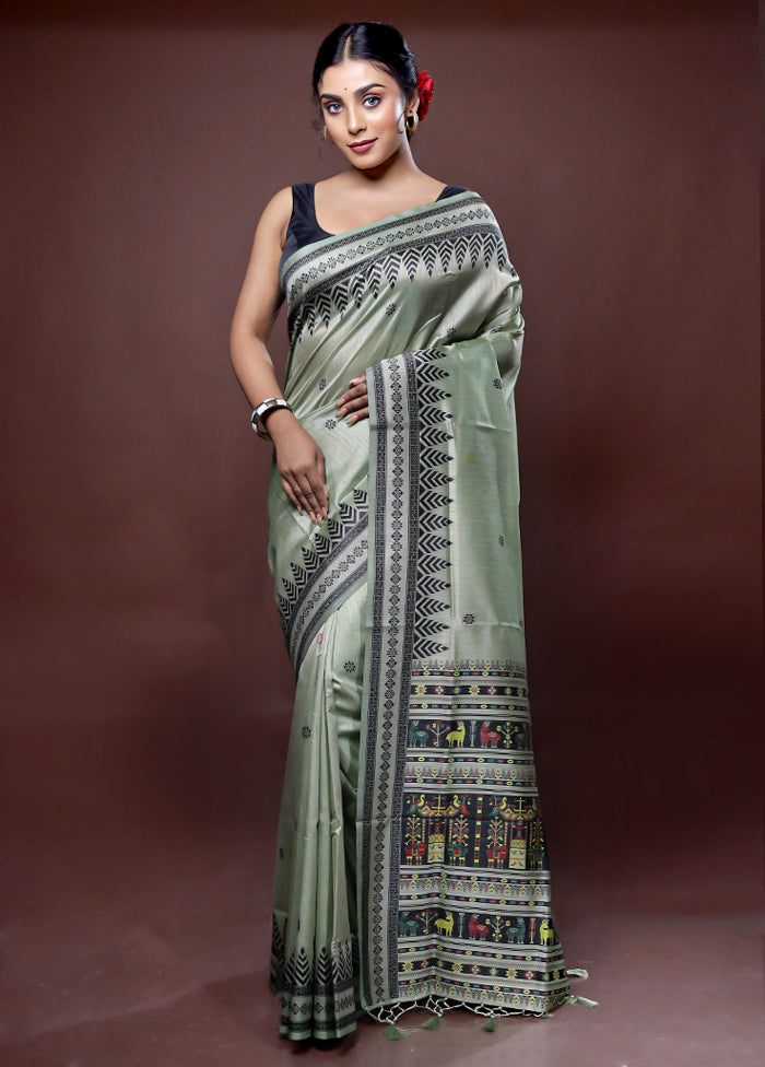 Green Dupion Silk Saree With Blouse Piece