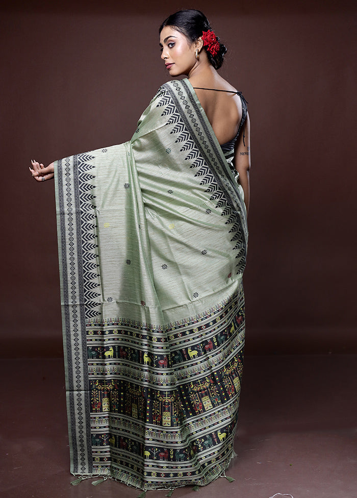 Green Dupion Silk Saree With Blouse Piece