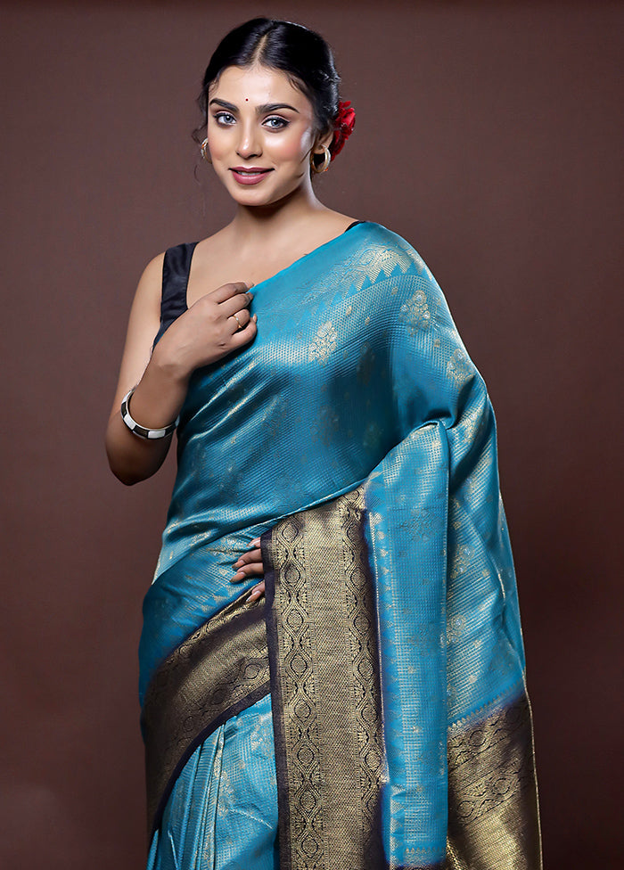 Blue Dupion Silk Saree With Blouse Piece