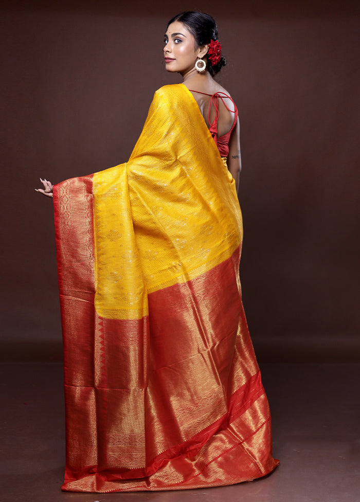 Yellow Dupion Silk Saree With Blouse Piece