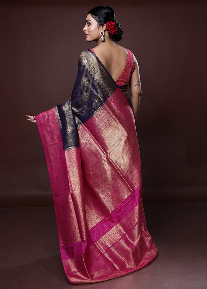 Blue Dupion Silk Saree With Blouse Piece