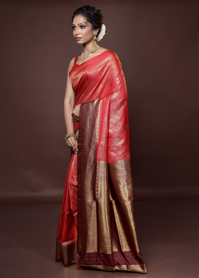 Red Dupion Silk Saree With Blouse Piece