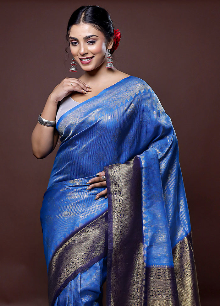 Blue Dupion Silk Saree With Blouse Piece