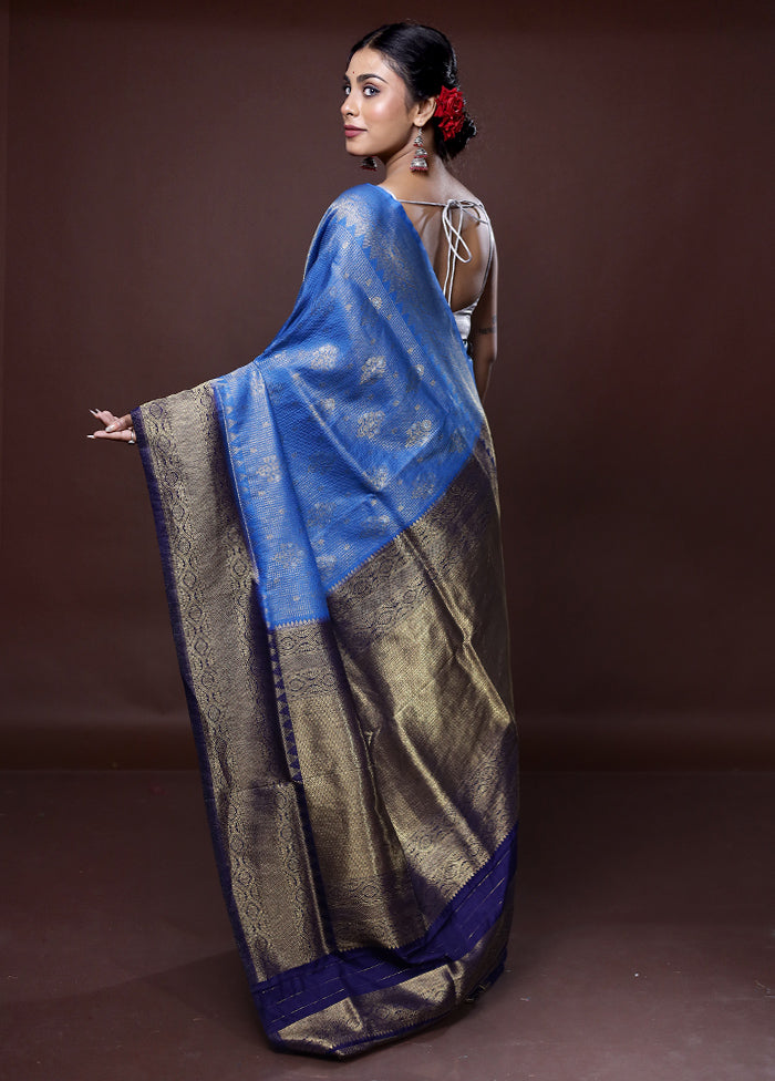 Blue Dupion Silk Saree With Blouse Piece