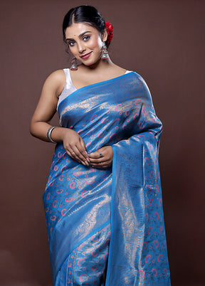 Blue Dupion Silk Saree With Blouse Piece