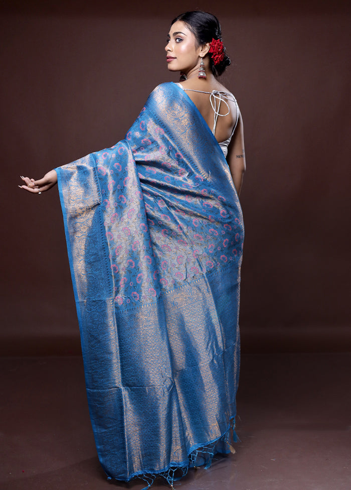 Blue Dupion Silk Saree With Blouse Piece