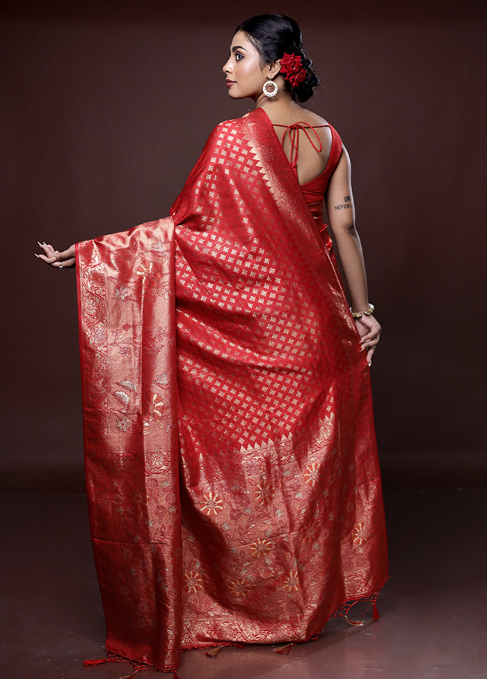 Red Dupion Silk Saree With Blouse Piece