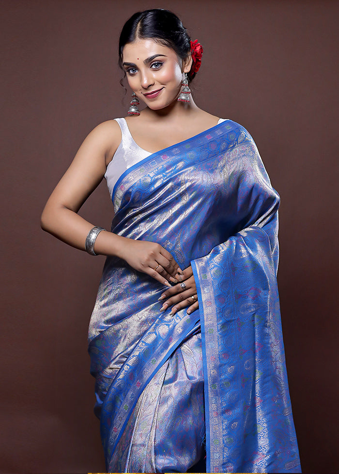 Blue Dupion Silk Saree With Blouse Piece