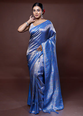 Blue Dupion Silk Saree With Blouse Piece