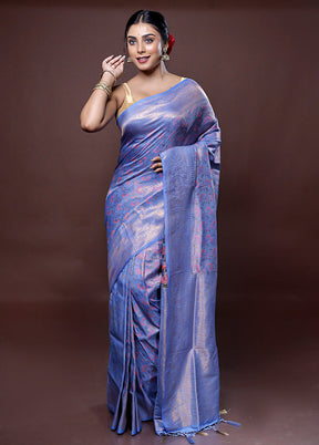 Blue Dupion Silk Saree With Blouse Piece