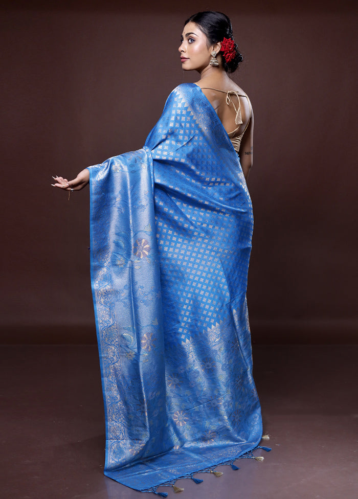 Blue Dupion Silk Saree With Blouse Piece