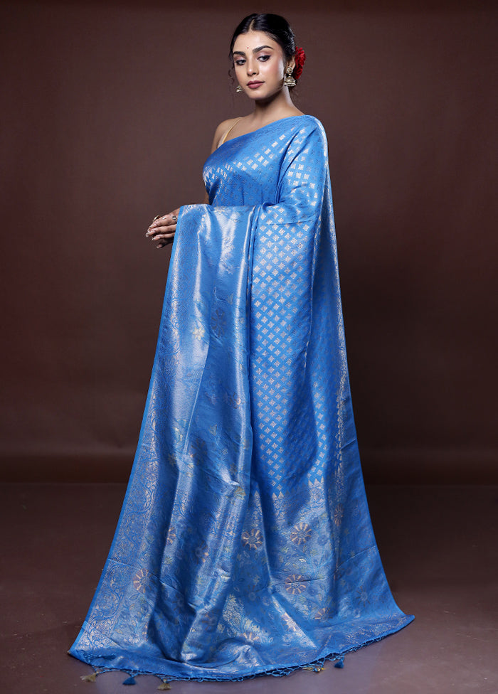 Blue Dupion Silk Saree With Blouse Piece