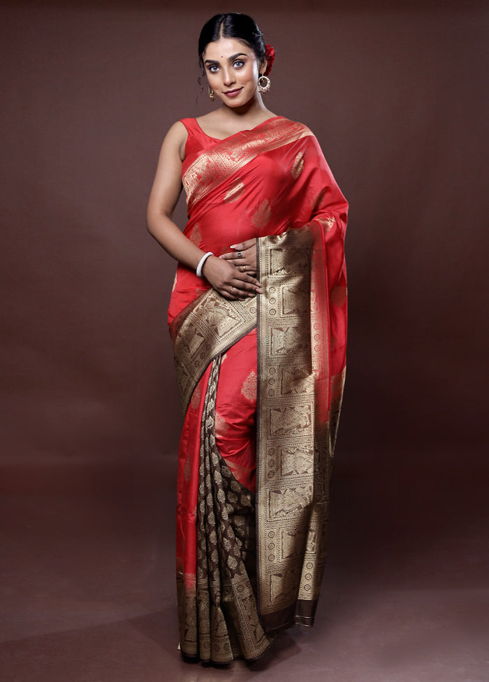 Red Dupion Silk Saree With Blouse Piece