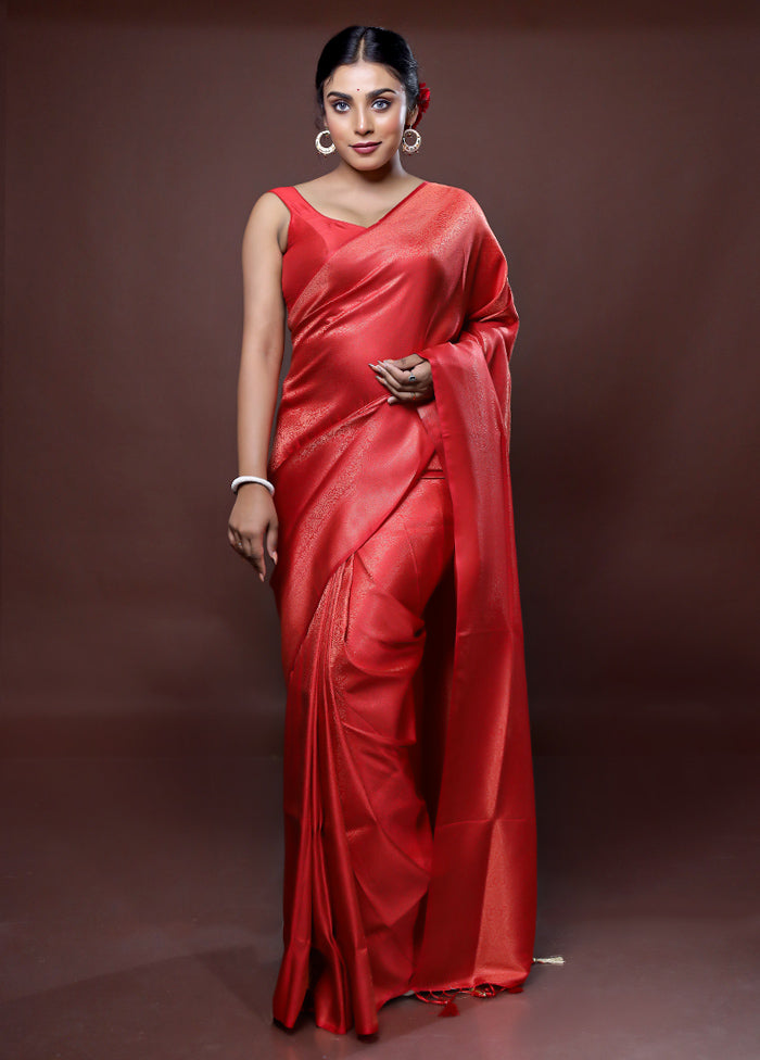 Red Dupion Silk Saree With Blouse Piece