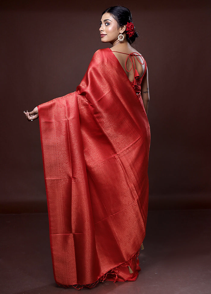 Red Dupion Silk Saree With Blouse Piece