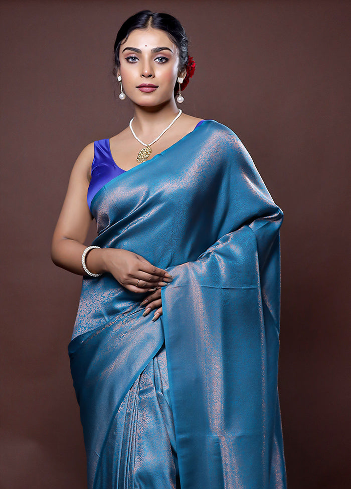 Blue Dupion Silk Saree With Blouse Piece