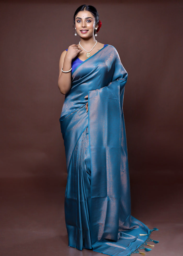 Blue Dupion Silk Saree With Blouse Piece