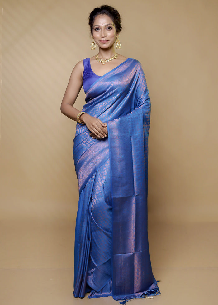 Blue Dupion Silk Saree With Blouse Piece