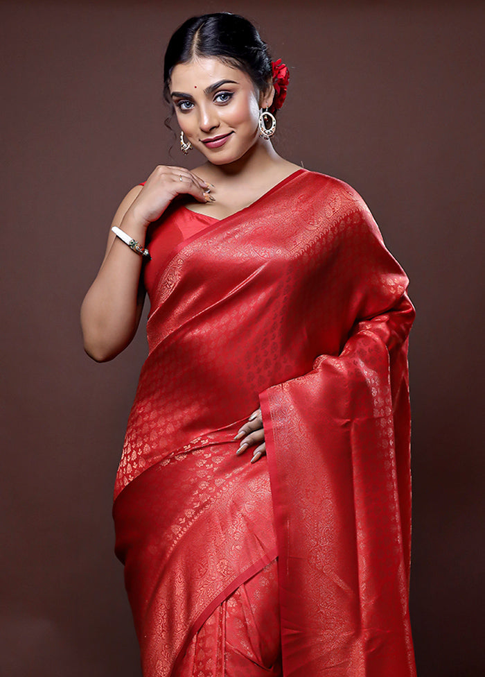 Red Dupion Silk Saree With Blouse Piece