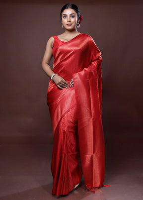 Red Dupion Silk Saree With Blouse Piece