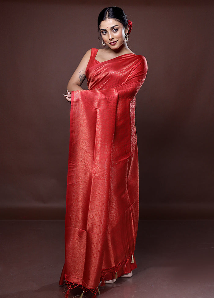 Red Dupion Silk Saree With Blouse Piece