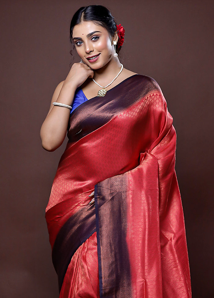 Red Dupion Silk Saree With Blouse Piece