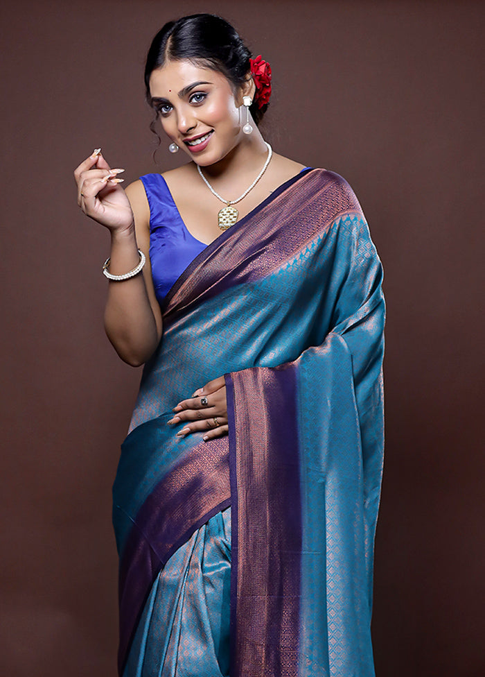 Blue Dupion Silk Saree With Blouse Piece