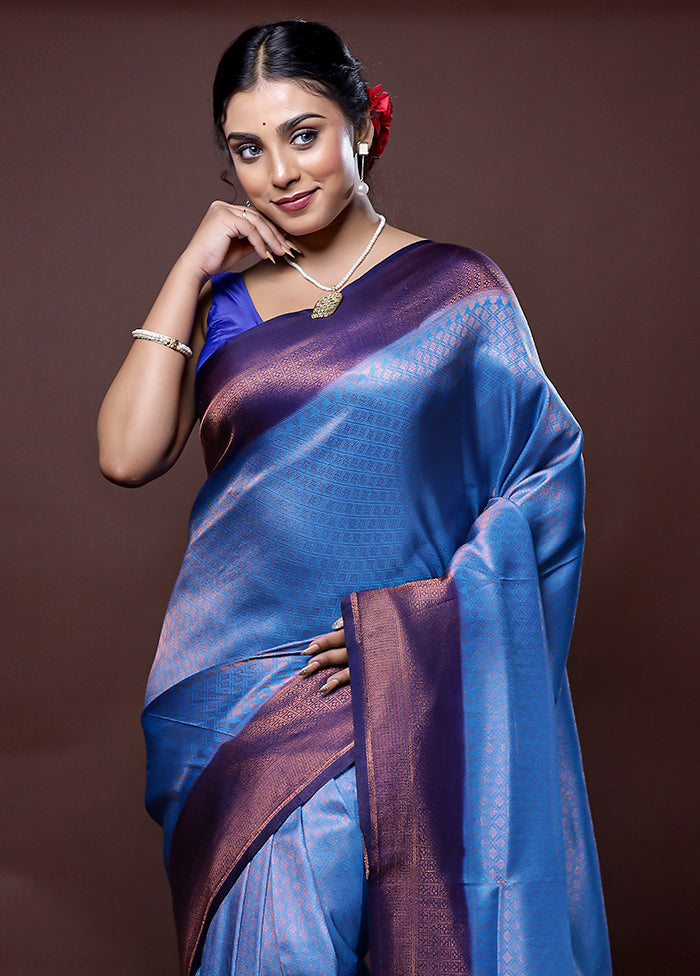 Blue Dupion Silk Saree With Blouse Piece