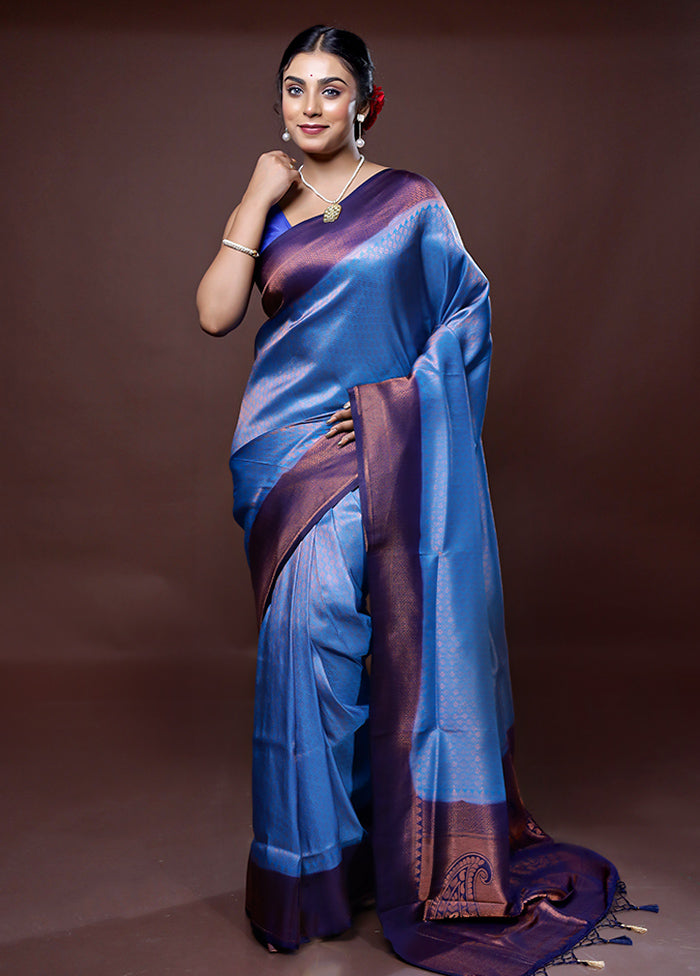 Blue Dupion Silk Saree With Blouse Piece