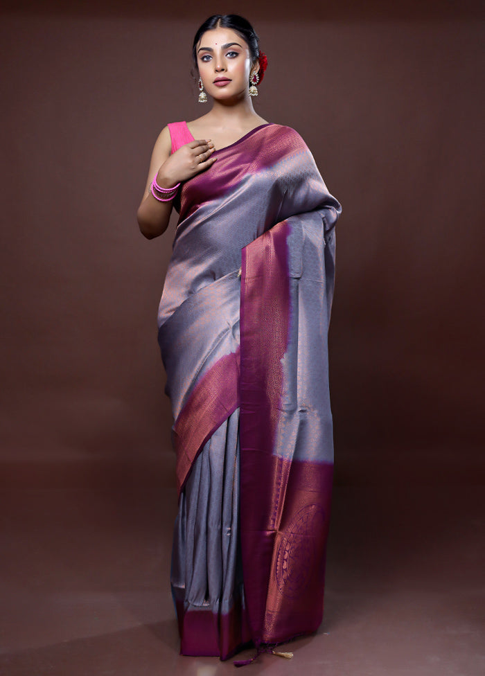 Grey Dupion Silk Saree With Blouse Piece