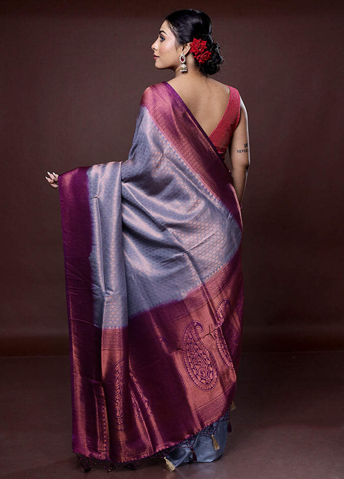 Grey Dupion Silk Saree With Blouse Piece