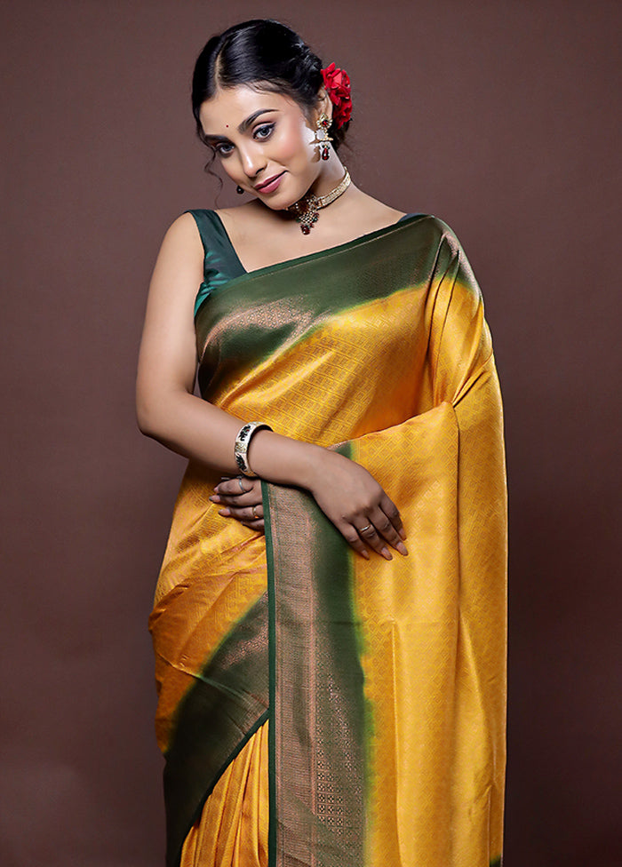 Yellow Dupion Silk Saree With Blouse Piece