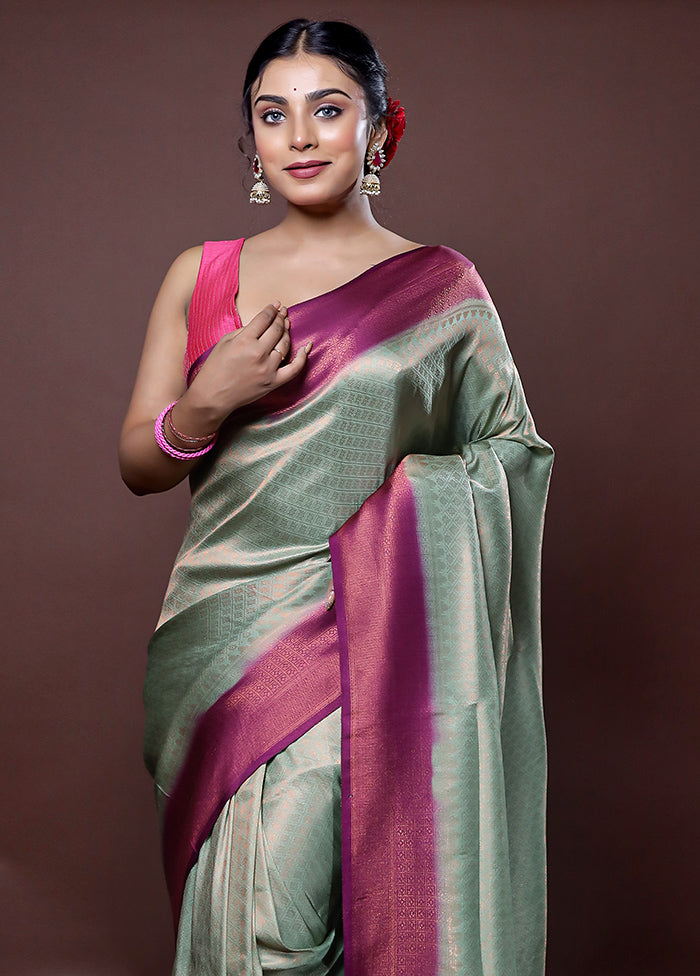 Green Dupion Silk Saree With Blouse Piece