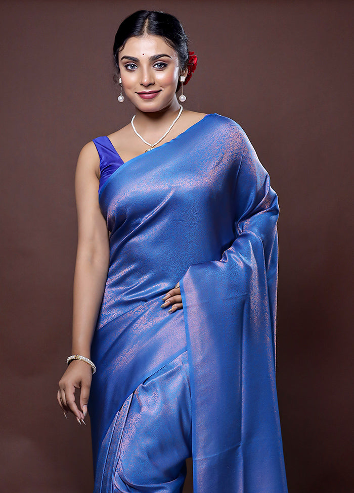 Blue Dupion Silk Saree With Blouse Piece