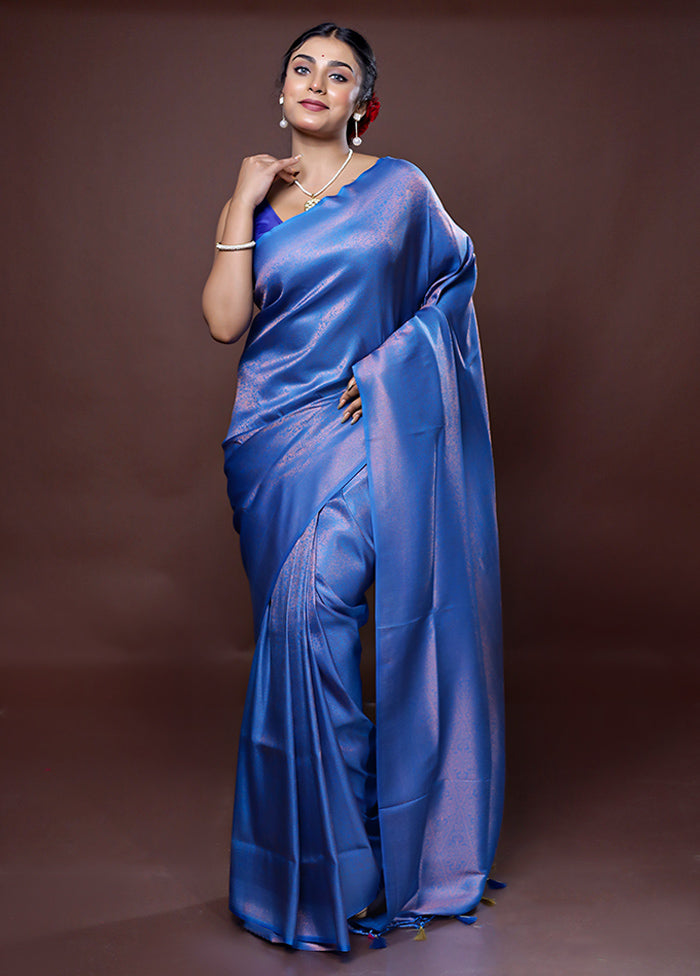 Blue Dupion Silk Saree With Blouse Piece