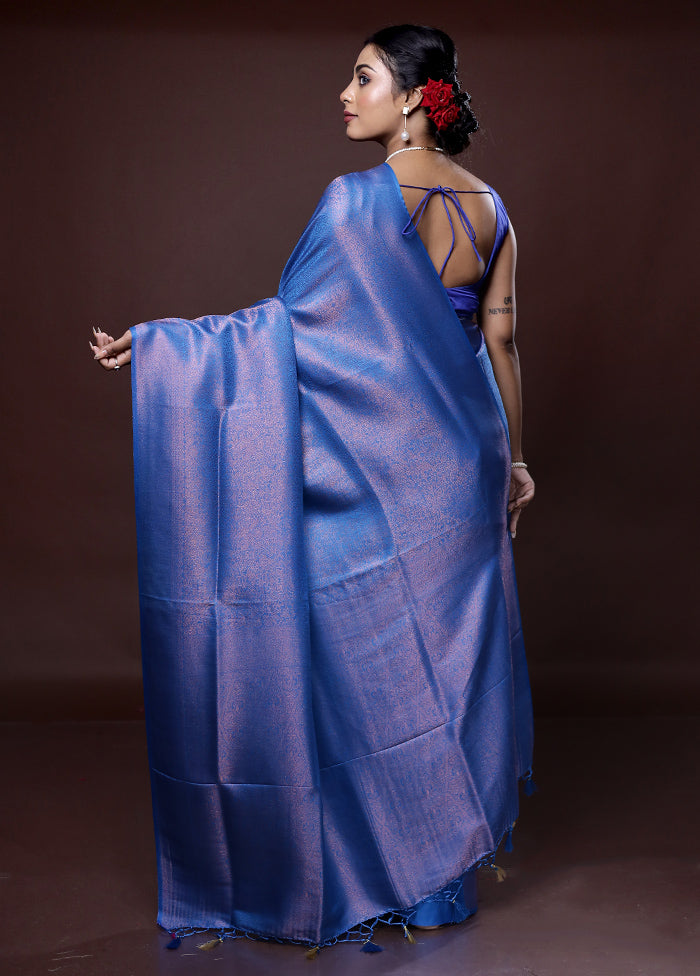 Blue Dupion Silk Saree With Blouse Piece