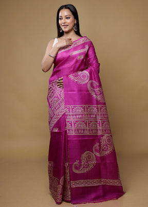 Purple Printed Pure Silk Saree Without Blouse Piece