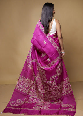 Purple Printed Pure Silk Saree Without Blouse Piece