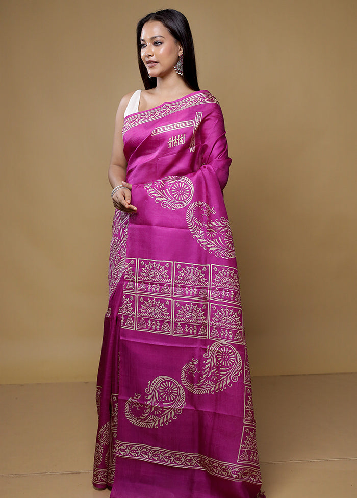 Purple Printed Pure Silk Saree Without Blouse Piece