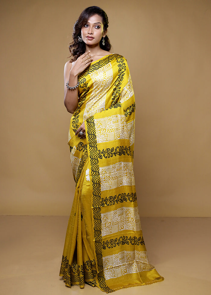 Yellow Printed Pure Silk Saree Without Blouse Piece