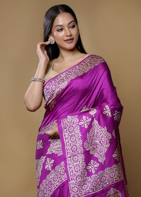 Purple Printed Pure Silk Saree Without Blouse Piece