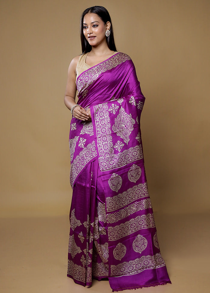 Purple Printed Pure Silk Saree Without Blouse Piece