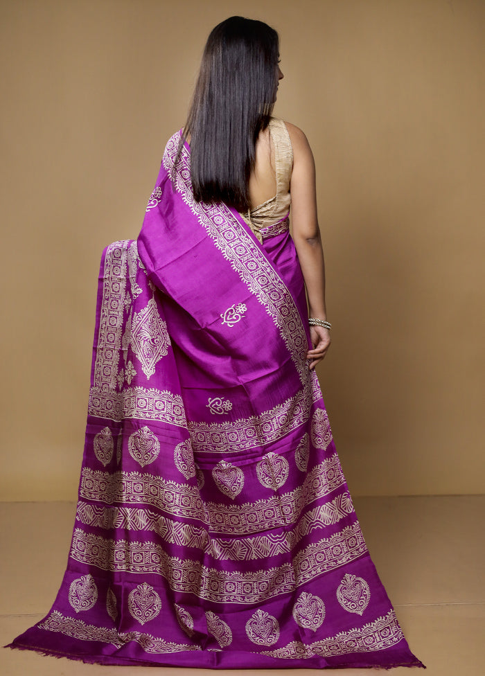 Purple Printed Pure Silk Saree Without Blouse Piece