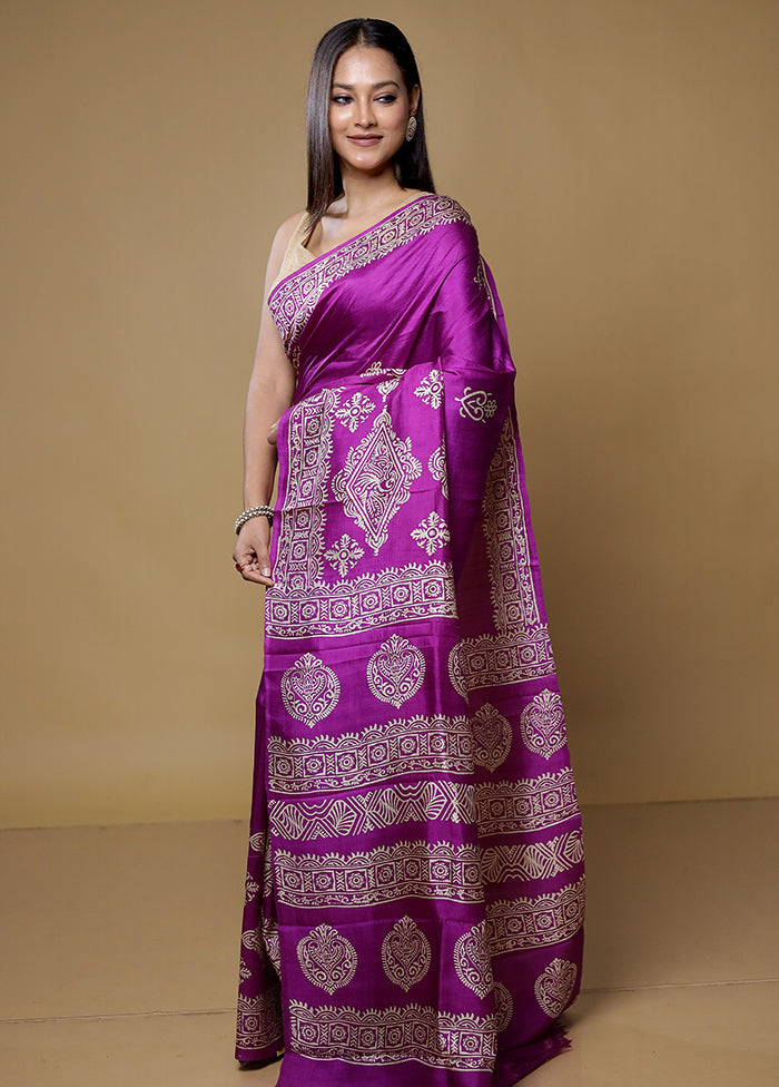 Purple Printed Pure Silk Saree Without Blouse Piece