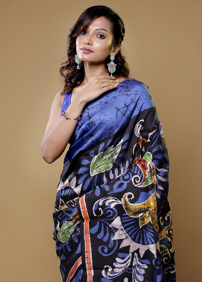 Black Printed Pure Silk Saree Without Blouse Piece