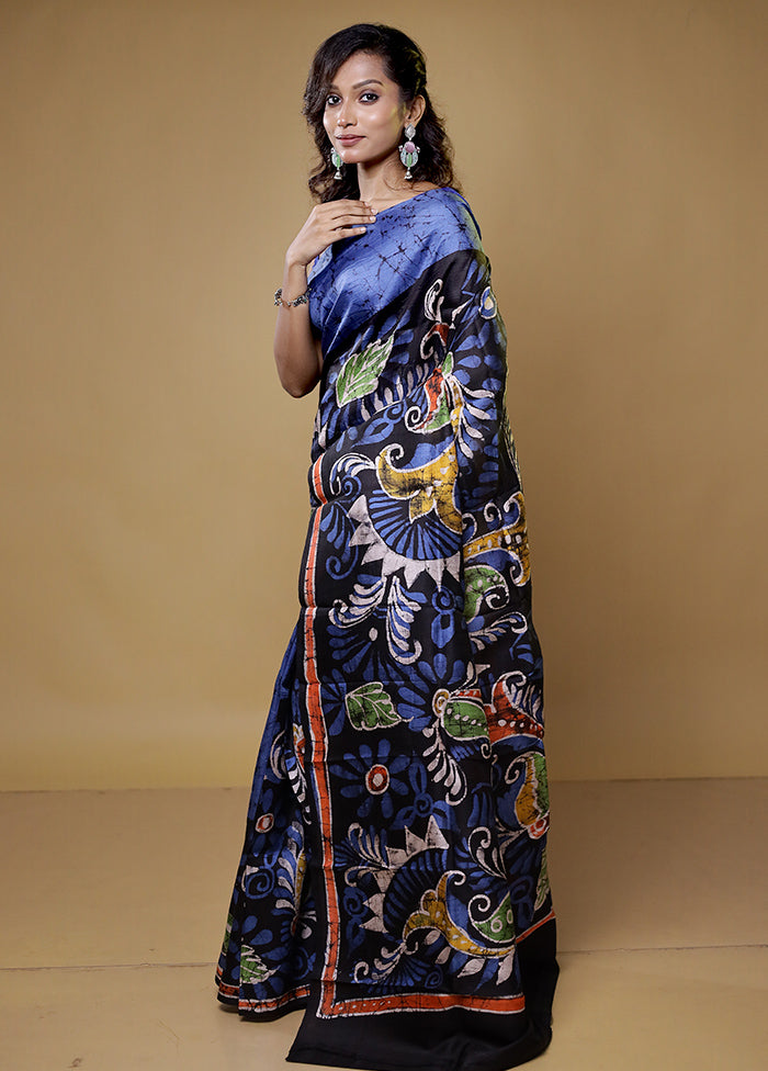 Black Printed Pure Silk Saree Without Blouse Piece