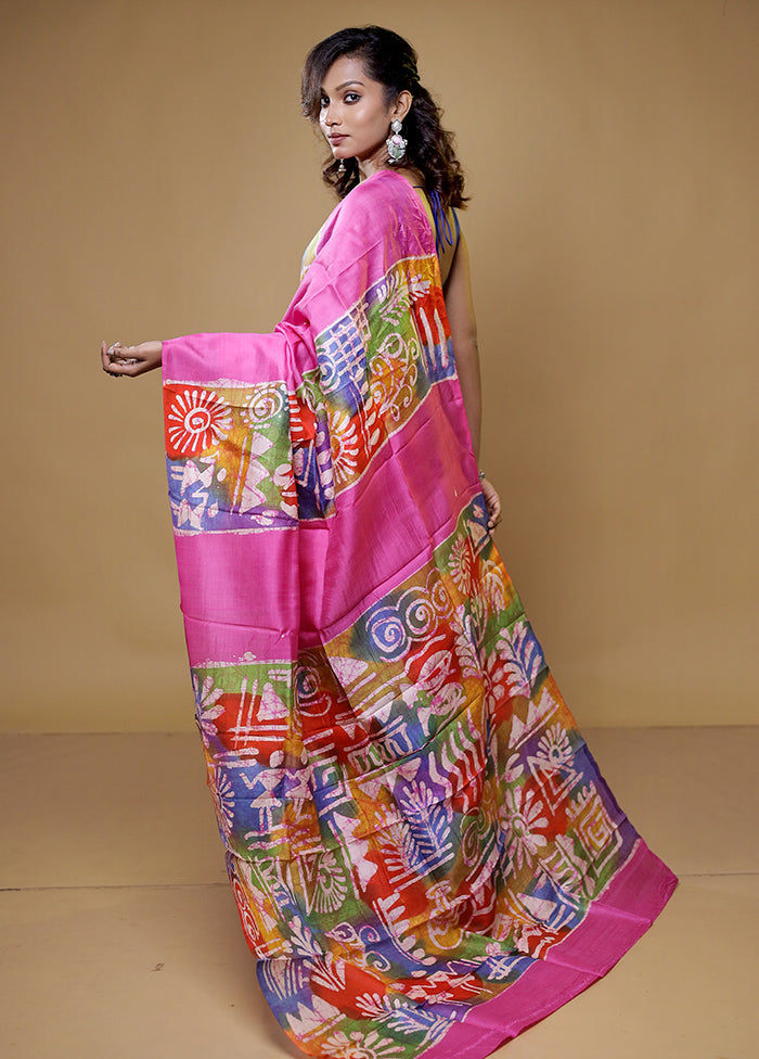 Pink Printed Pure Silk Saree Without Blouse Piece