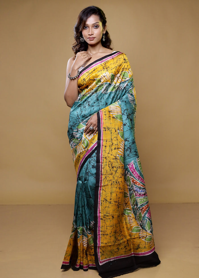 Green Printed Pure Silk Saree Without Blouse Piece