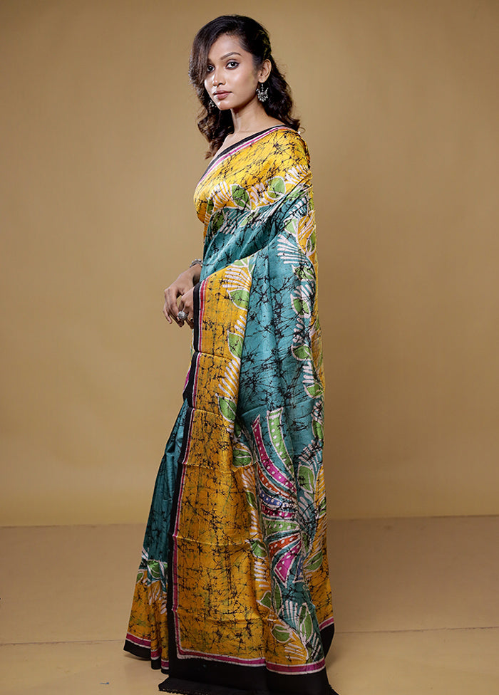 Green Printed Pure Silk Saree Without Blouse Piece