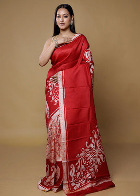 Red Printed Pure Silk Saree Without Blouse Piece